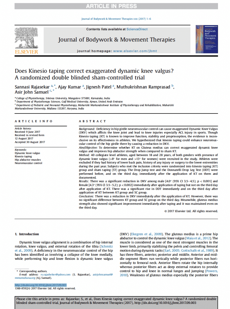 Does Kinesio taping correct exaggerated dynamic knee valgus? A randomized double blinded sham-controlled trial