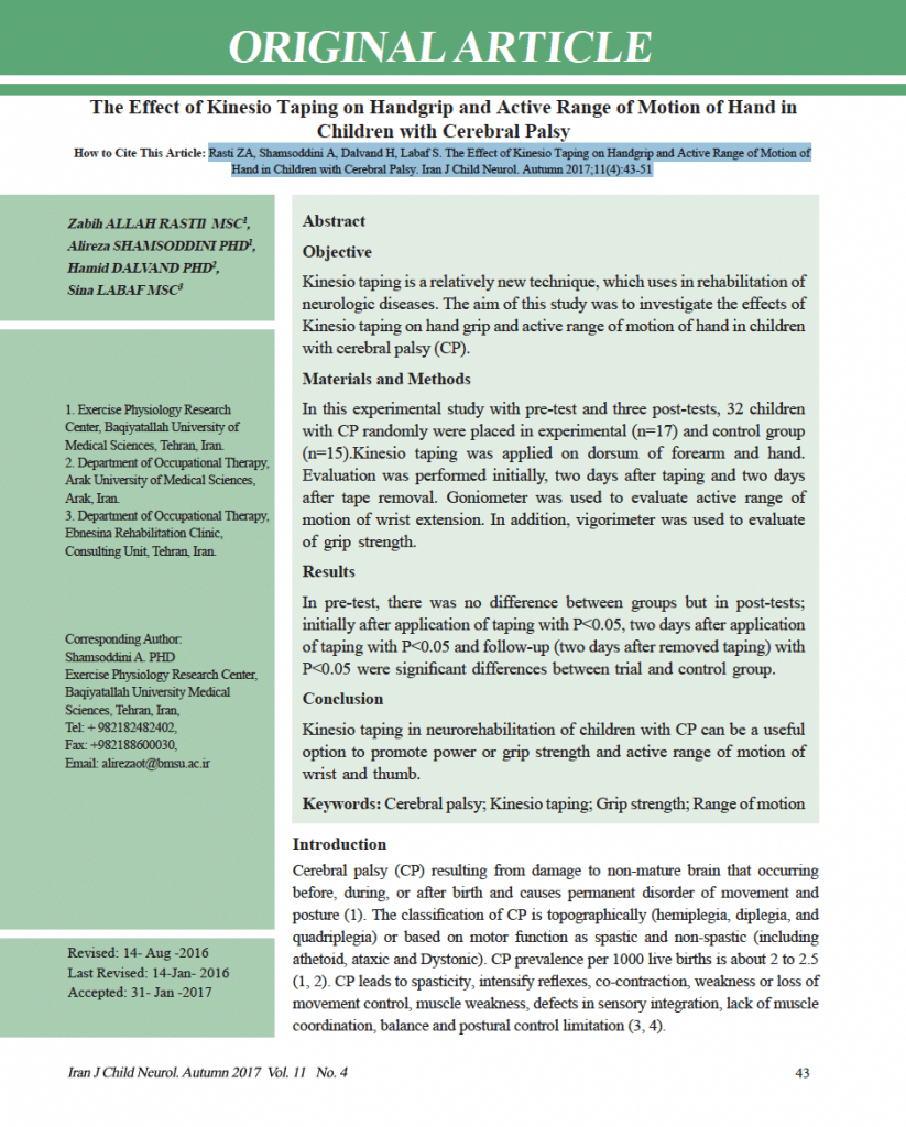 The Effect of Kinesio Taping on Handgrip and Active Range of Motion of Hand in Children with Cerebral Palsy