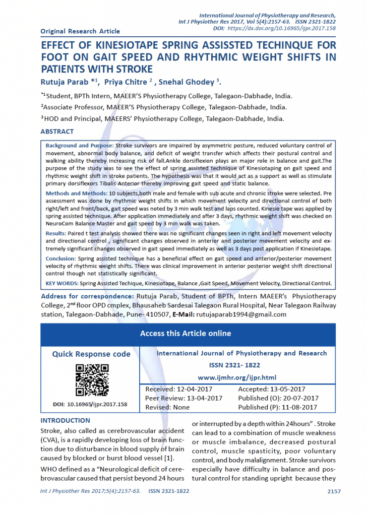 EFFECT OF KINESIOTAPE SPRING ASSISTED TECHNIQUE FOR FOOT ON GAIT SPEED AND RHYTHMIC WEIGHT SHIFTS IN PATIENTS WITH STROKE
