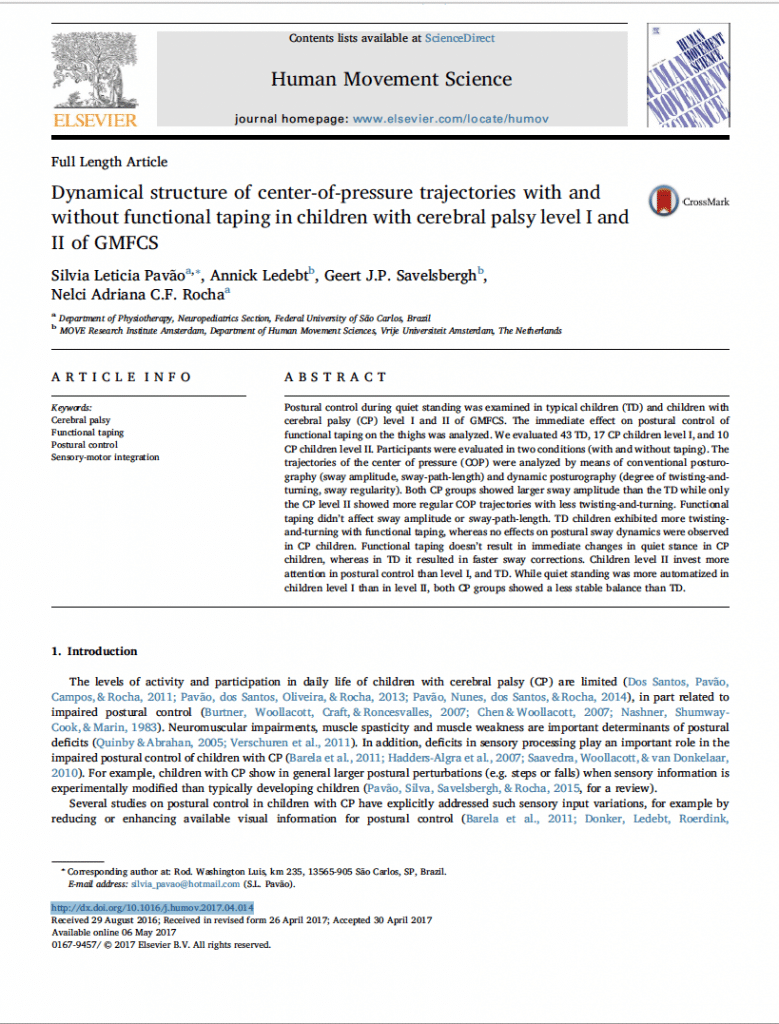 Dynamical structure of center-of-pressure trajectories with and without functional taping in children with cerebral palsy level I and II of GMFCS