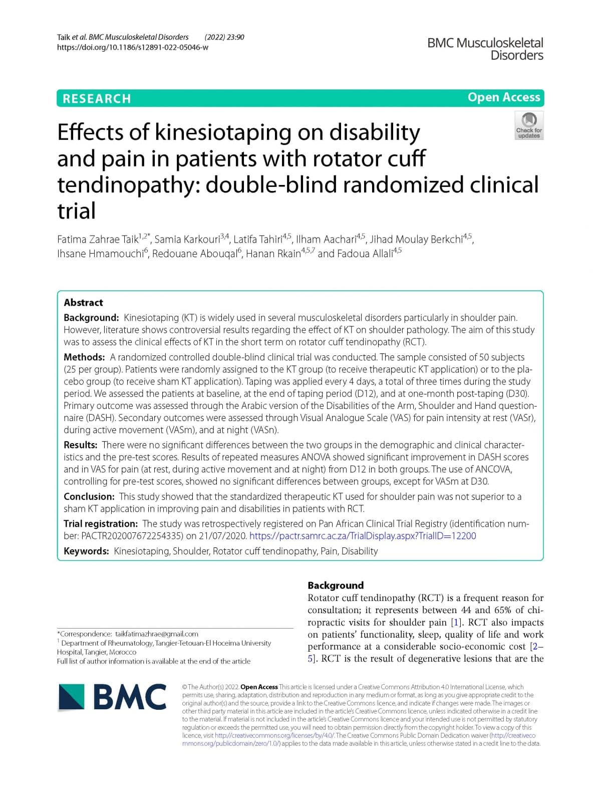Research Article- Effects of kinesiotaping on disability and pain in patients with rotator cuff tendinopathy: double-blind randomized clinical trial